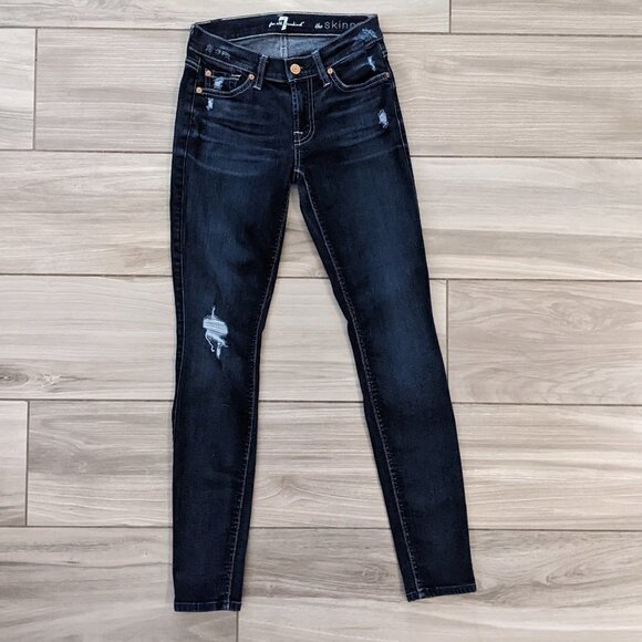 7 For All Mankind The Skinny Distressed Dark Wash Jeans - Picture 1 of 8